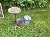 OLD STEEL STOOL, PAIL AND GALVANIZED FUEL CAN