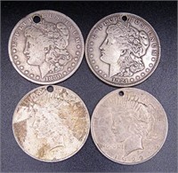 (4) HOLED SILVER DOLLARS 1922, 1923 PEACE