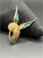 hummingbird brooch gold tone with rhinestones.