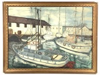 E. Hertweck Painting Boats in Harbor Signed