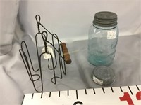 Atlas blue fruit jar. Wire jar holder, Ball zinc