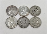 Lot of 6 Franklin Silver Half Dollars