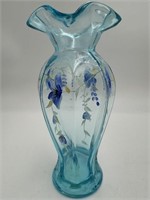 ICE BLUE HAND PAINTED FENTON FLORAL VASE