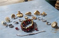 BRACELET, 9 RINGS, DRESS PINS AND MORE