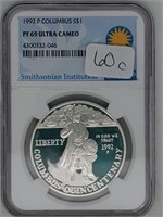 NGC PF69 Ultra Cam 1992-P Columbus Silver Dollar