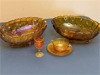 Amber Carnival Glass Footed Bowls, Goblet & Cup