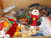 box of Christmas and decorative items, musical