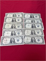 10 silver certificate dollar bills from series