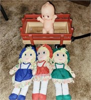 TOY RED WAGON, KEWPIE DOLL AND HOME MADE DOLLS