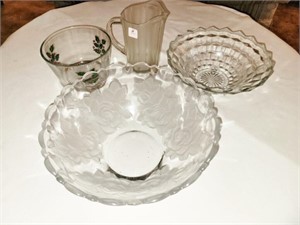 (3) GLASS BOWLS AND A GLASS PITCHER