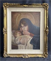 Signed vintage oil on canvas Madonna w/child