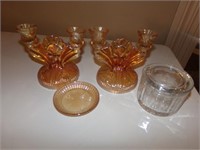 depression glass candle holders & candy dish