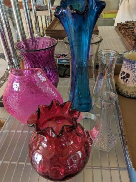 GROUP OF VASES, ART GLASS PITCHER APPLIED HANDLE