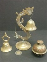 Three Brass Bells Incl. Dragon on Stand