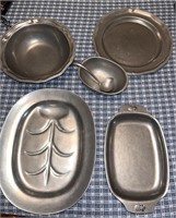 Assorted Pewter Trays Platter Bowls and Ladle -