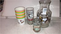 Snoopy juice jar, glasses & plastic cups