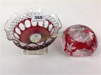 Lot: 2 ruby cut-to-clear glass items