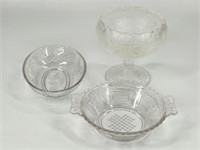 FENTON WATER LILY COMPOTE & 2 PRESSED GLASS DISHES