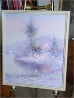 Pastel Lake Scene Framed Art - Signed Swan