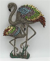 Sterling Flamingo Pin W Marcasite & Colored Stones