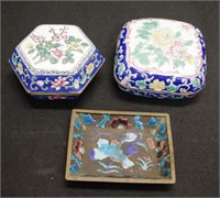 Two Chinese enamel lidded trinket boxes & a dish