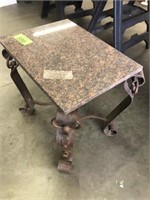 HEAVY ORNATE IRON TABLE W/ MARBLE TOP - 22" X 17"