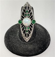 Sterling ArtDeco Style Marcasite/Opal/Emerald Ring