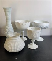 Milk Glass Footed Bowls & Vase