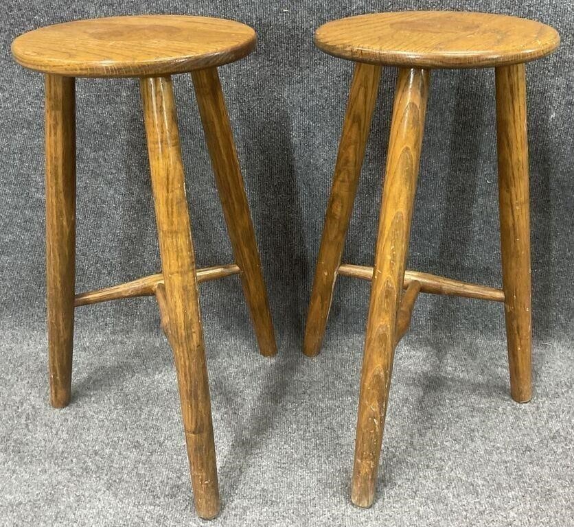 Pair Oak 3 Leg Stools