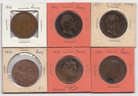 Lot of 6 Great Britain Pennies