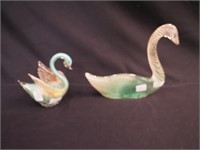 Two swans 4 3/4" Venetian glass green with gold