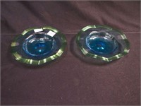 Pair 6" round art glass blue and green bowls with