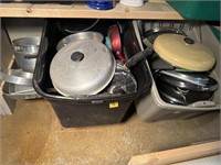 (2) Plastic Totes of Pots and Pans