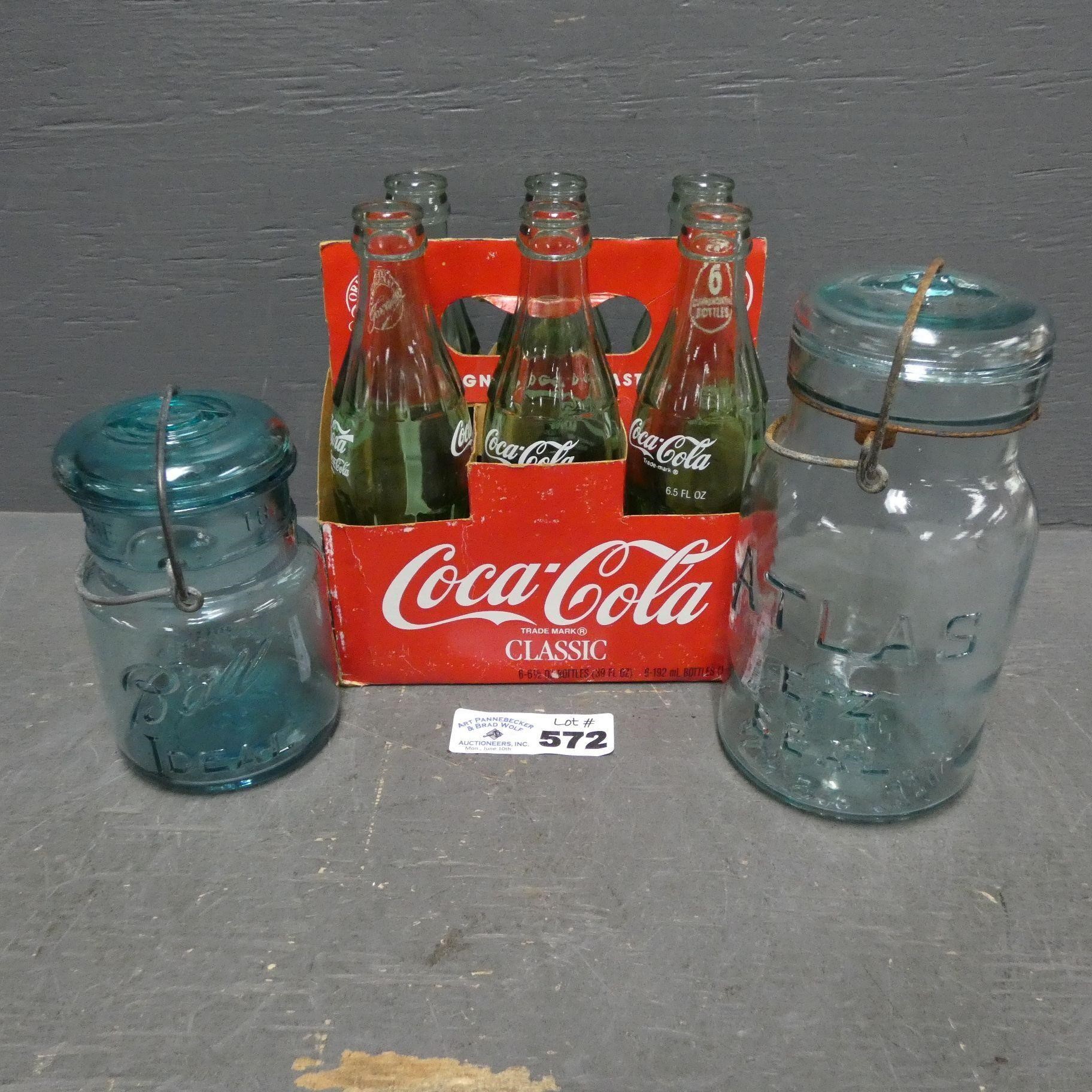 Coke Bottles in Carrier, Atlas & Ball Jar