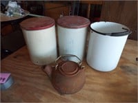2 Vintage Trash Cans, Enamelware, Steel Tea Pot