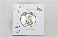 1945-d MS63 Silver Washington Quarter
