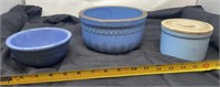 Blue Stoneware Crocks, butter bowl w lid, mixing
