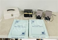 computer speakers, cash box, file cards