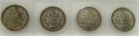 4 Morgan Silver Dollars 1878, 1885, 1889 + 1901 D