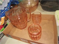 PINK DEPRESSION PITCHER & 2 GLASSES