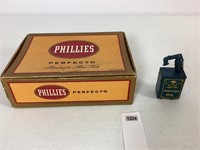 CIGAR BOX & 1930'S METAL PUMP