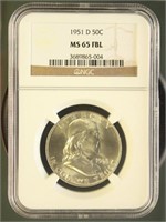 US Coins 1951-D Franklin Half Dollar MS65FBL NGC