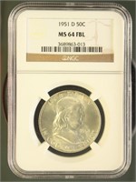 US Coins 1951-D Franklin Half Dollar MS64FBL NGC