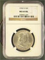 US Coins 1950-D Franklin Half Dollar MS64FBL NGC