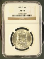 US Coins 1951-S Franklin Half Dollar MS64 NGC