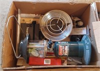 box with propane lantern, heater, targets and misc
