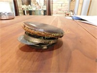 miniature hat coin purse, leather top, metal rim