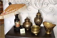 Assorted Brass Jars and One Cute Umbrella