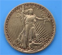 1914 $20 ST GAUDENS GOLD COIN, X FINE CONDITION,
