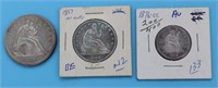 3 SEATED LIBERTY COINS, 1842 SILVER DOLLAR AU